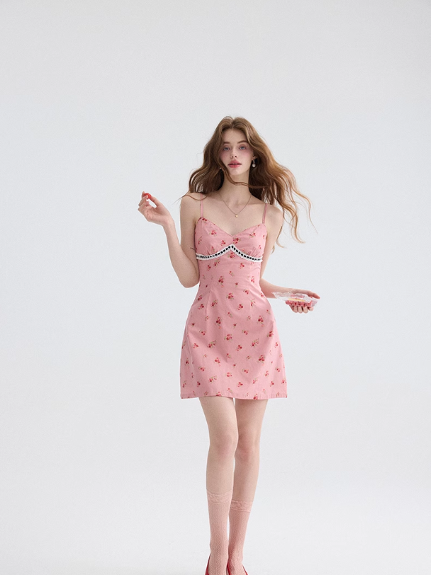 French floral suspender dress holiday style dress petite short skirt R2749
