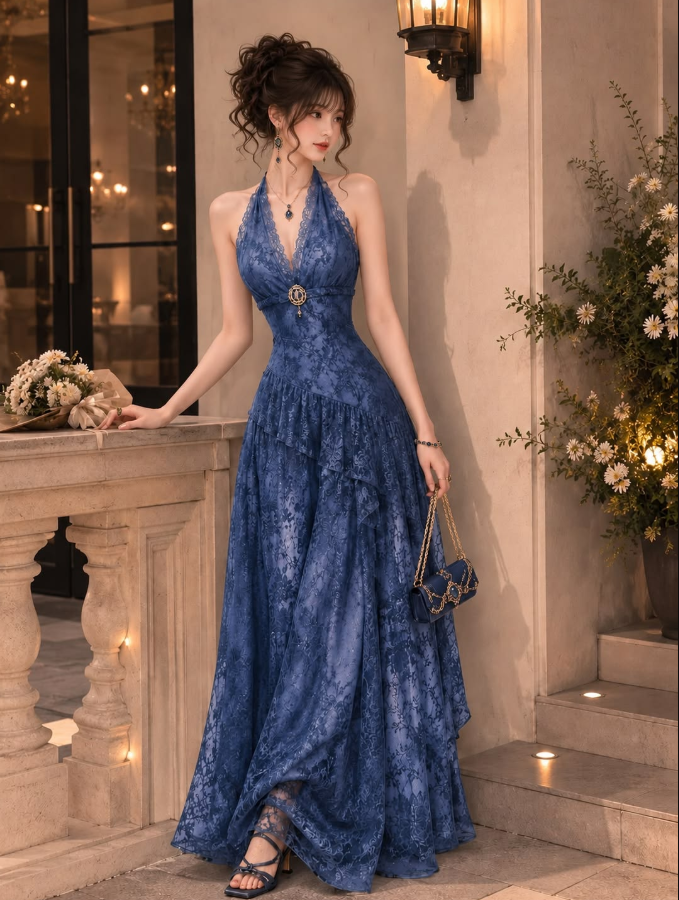 Embroidered Flowy Chiffon Corset Prom Gown , Stunning Navy Maxi Evening Dress Ball Gown RS1882