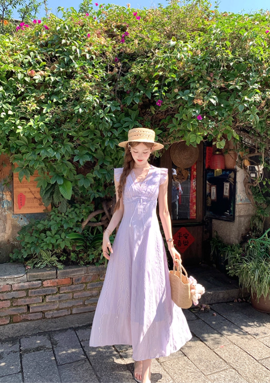 Purple V-neck small flying sleeve waist long dress summer French temperament lace skirt R4584