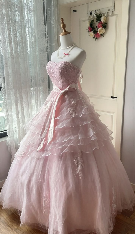Princess Embroidered Tulle Corset Prom Gown , Sweet Pink Maxi Birthday Dress Ball Gown RS1884