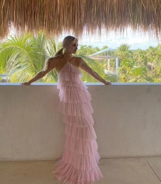 Chiffon Ruffled Flowy Corset Prom Gown , Sweet Pink Maxi Summer Dress RS1885