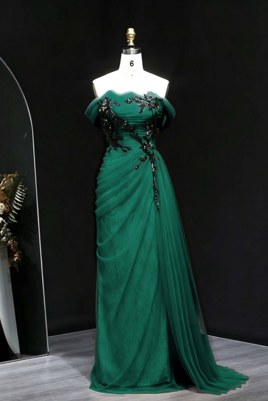 Chiffon Embroidered Flowy Corset Prom Gown , Sparkly Green Maxi Evening Dress Ball Gown RS1886