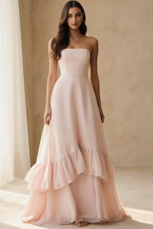 Chiffon Tiered Flowy Corset Prom Gown , Dreamy Pink Maxi Evening Dress Ball Gown RS1887