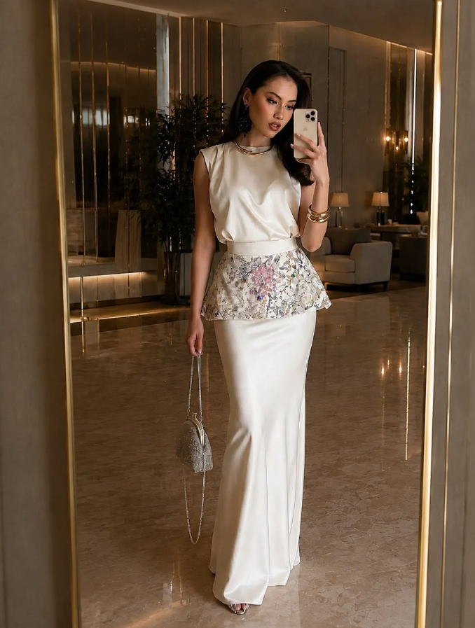Silky Satin Printed Pattern Bodycon Prom Gown , Elegant White Maxi Evening Dress Ball Gown RS1888