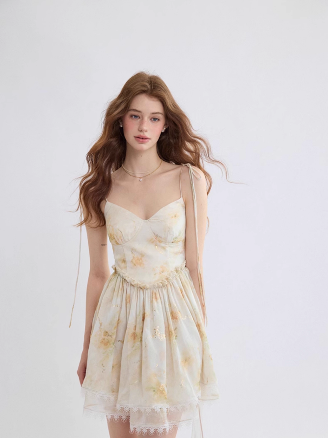 French suspender dress floral dress seaside holiday skirt short skirt R2766