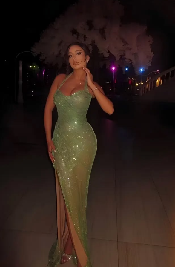 Sexy Silky Tulle Bodycon Prom Gown , Sparkly Green Maxi Evening Dress Ball Gown RS1890