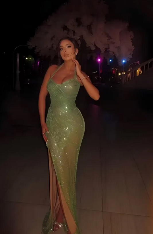 Sexy Silky Tulle Bodycon Prom Gown , Sparkly Green Maxi Evening Dress Ball Gown RS1890