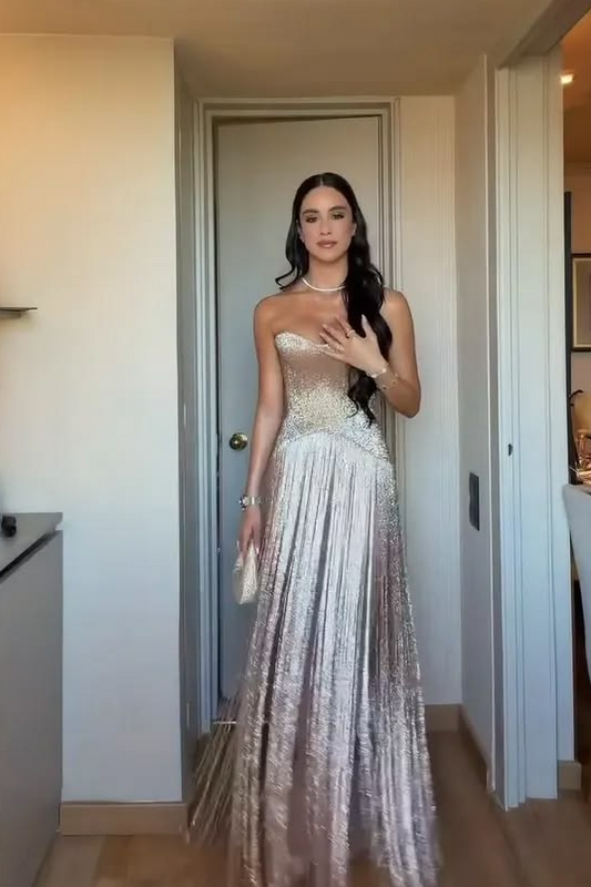 Sequins Glitter Corset Prom Gown , Sparkly Sliver Maxi Evening Dress Ball Gown RS1892