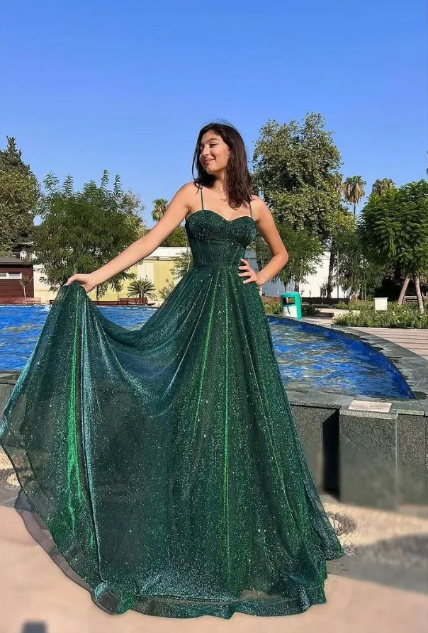 Sequins Glitter Corset Prom Gown , Sparkly Green Maxi Evening Dress Ball Gown RS1893