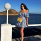 Blue hollow shoulder neckline waist slimming gentle short skirt homecoming dress R3616