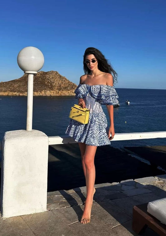 Blue hollow shoulder neckline waist slimming gentle short skirt homecoming dress R3616