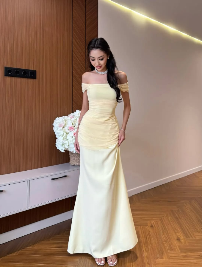 Silky Satin Corset Prom Gown , Minimalist Pastel Yellow Maxi Evening Dress RS1905