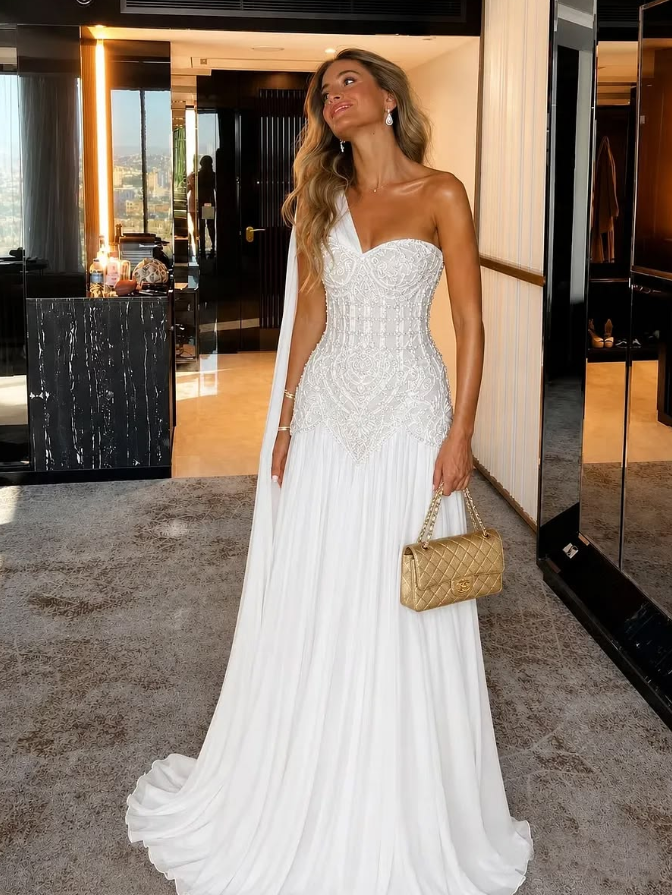 Embroidered Chiffon Corset Prom Gown , Elegant White Maxi Evening Dress RS1907