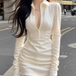Royal sister high-grade polo collar long-sleeved shirt dress 2025 hot girl waist hip skirt R1050