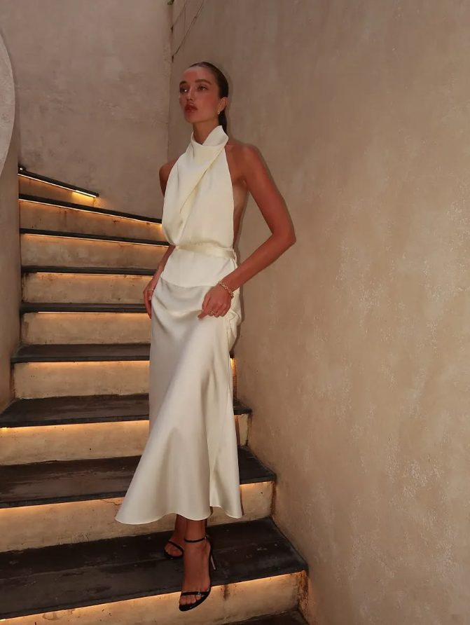 Silky Satin Bodycon Prom Gown , Elegant White Maxi Evening Dress RS1909