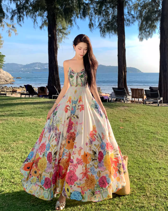 Beach long dress with flowers and floral pattern, high waist chiffon suspenders and large skirt R1628