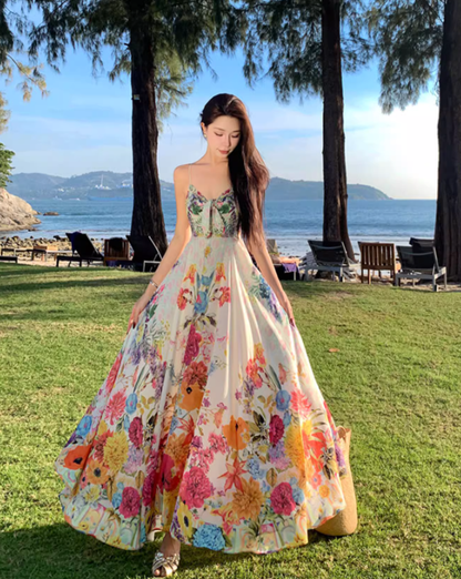 Beach long dress with flowers and floral pattern, high waist chiffon suspenders and large skirt R1628