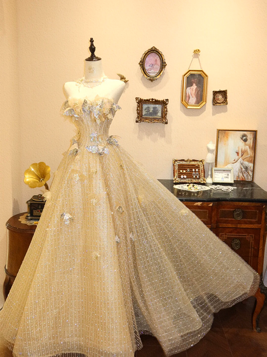 Light yellow strapless fitted long wedding dress R6581