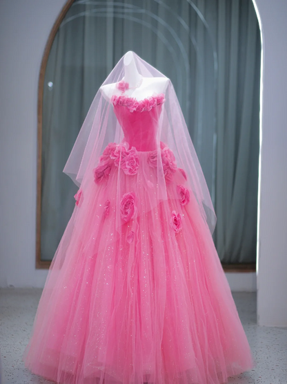 Pink tube top slim waist cute girl long dress bridal gown R5825