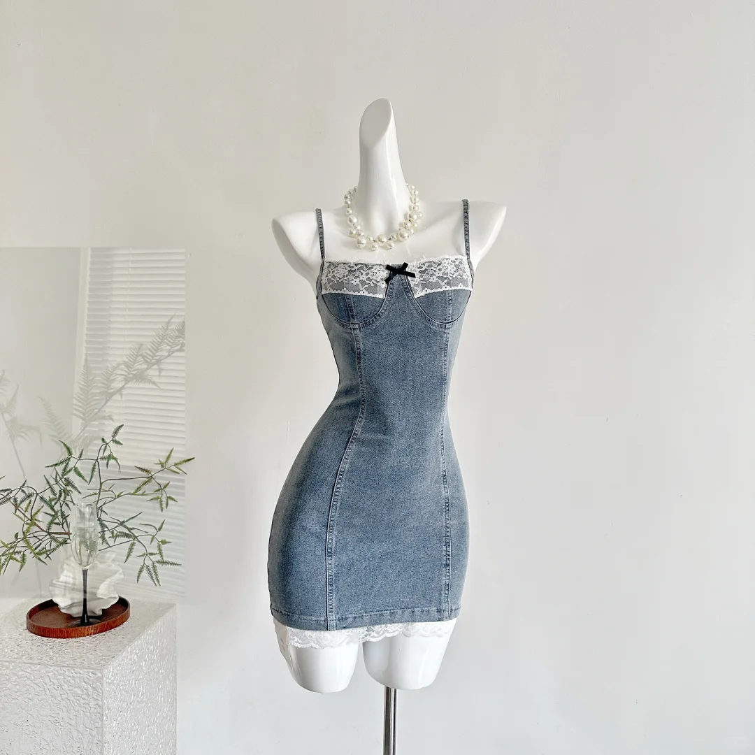 Blue denim suspenders slim waist sexy hip skirt homecoming dress R4359
