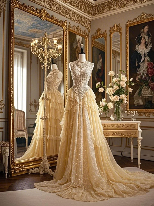 Apricot sleeveless fitted waist slim-fit tiered skirt long elegant ball gown R7213