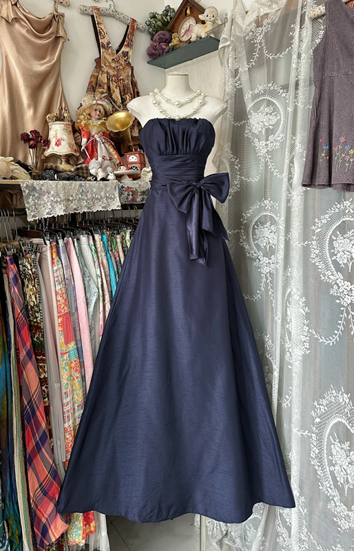 Navy blue tube top slim waist A-line elegant long skirt ball gown R6182