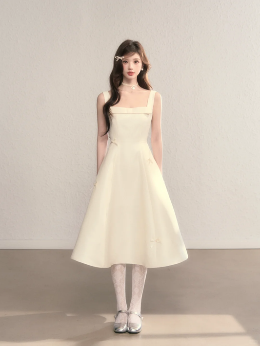 White suspender waist slim A-line mid-length skirt homecoming dress R5409