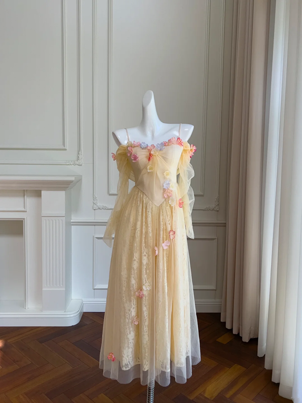 Light yellow suspender three-dimensional flower waist slimming elegant long skirt homecoming dress R5191