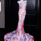 Pink Floral Spaghetti-Strap Fitted-Waist Slim-Fit Hip-Hugging Mermaid-Length Prom Dress R6501