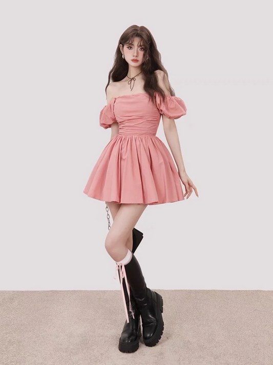 Pink one-shoulder slim waist pleated long skirt homecoming dress R5271