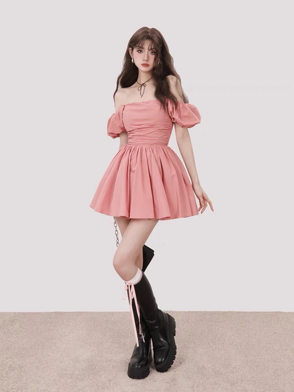 Pink one-shoulder slim waist pleated long skirt homecoming dress R5271