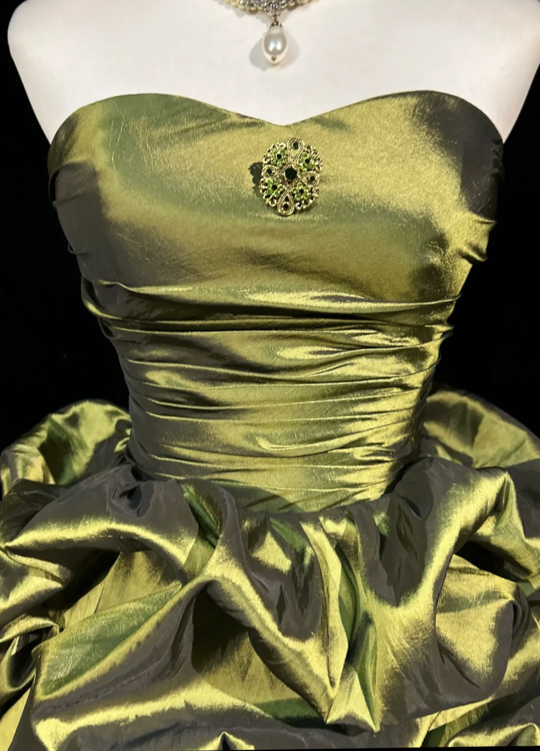 Olive Green Strapless Waist Satin Flower Bud Skirt Homecoming Dress R4928