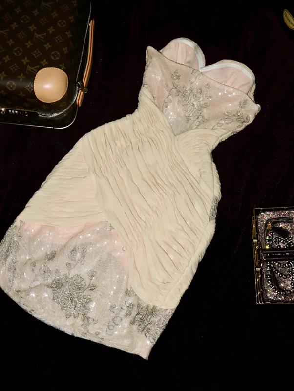 Light apricot strapless fitted waist bodycon short ball gown R6980