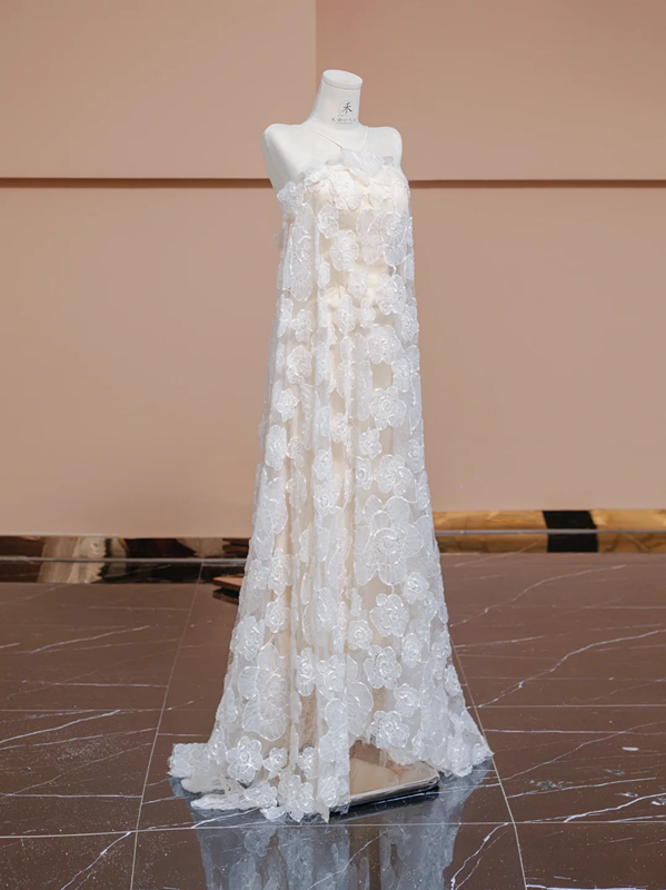 Light apricot halter-neck long straight-cut ball gown, bridal dress R8348