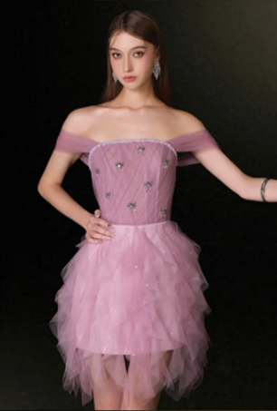 Light purple suspender waist slim asymmetrical skirt short skirt homecoming dress R4521