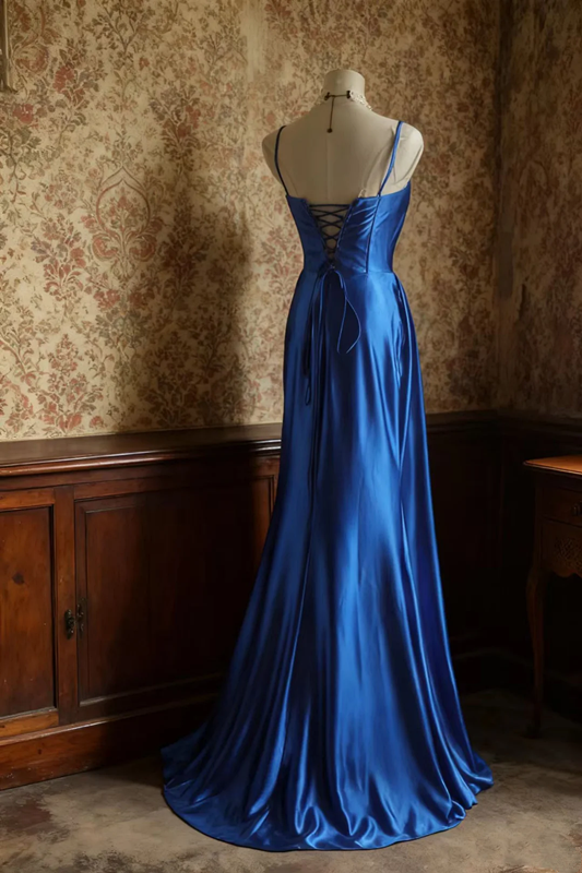 Blue satin halter-neck fitted bodycon long ball gown R6741