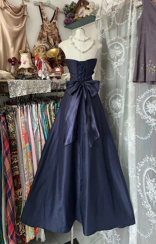 Navy blue tube top slim waist A-line elegant long skirt ball gown R6182