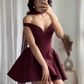 Dark red suspender waist slim A-line short skirt homecoming dress R5590
