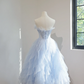 Light blue strapless, fitted waist, full skirt, mid-length ball gown R8466