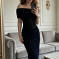 Dark blue off-the-shoulder fitted waist bodycon long ball gown R9047