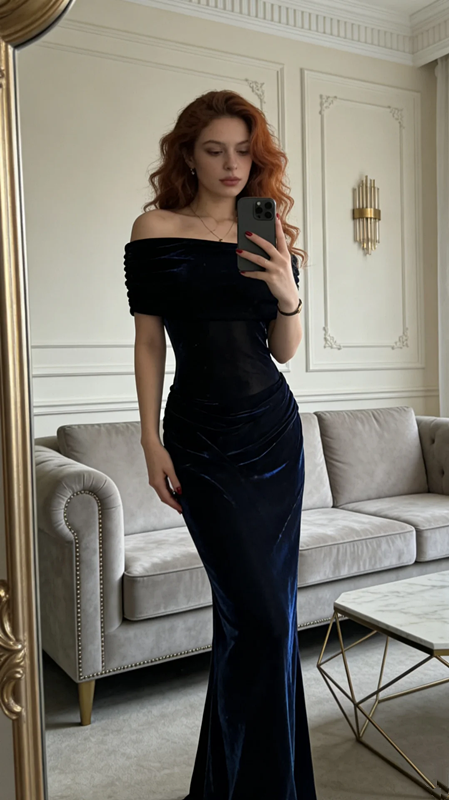 Dark blue off-the-shoulder fitted waist bodycon long ball gown R9047