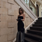 Black strapless fitted waist slim hips polka dot long sexy ball gown R8867