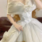 White Off-the-Shoulder Retro Elegant Waist-Cinched Puffy-Hem Ball Gown, Bridal Gown R7334