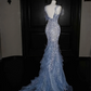 Light blue suspender sequined waist slim hip long skirt, prom dress R5630