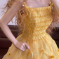 Yellow Spaghetti Strap Waist-Cinched Princess Puff-Skirt Ball Gown R7382