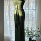 Dark green halter neck fitted waist long ball gown R7696