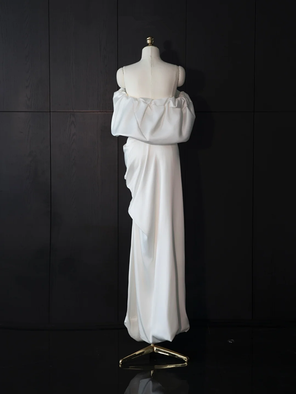 White satin off-the-shoulder fitted long ball gown/bridal dress R8957
