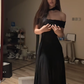 Black off-the-shoulder fitted waist slimming slit sexy long ball gown R8090