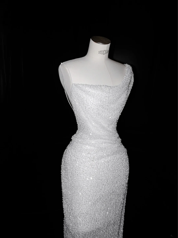 White sequins elegant waist slim sexy long skirt, prom dress R5666