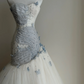 Light blue strapless waist‑cinched slim‑fit bodycon sexy ruffled long prom gown R8006